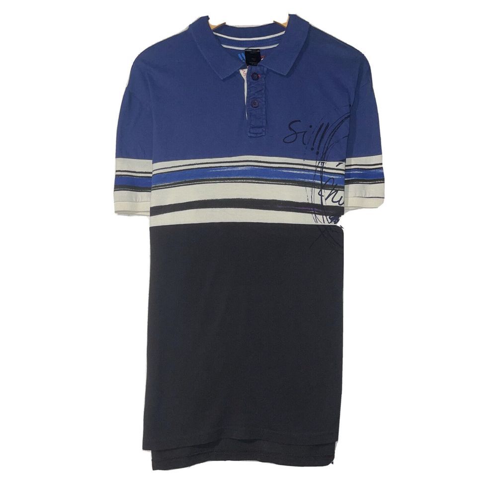 Desigual Men's Sz XXL Blue/Black/White Striped‎ Graffiti Button Front Polo Shirt